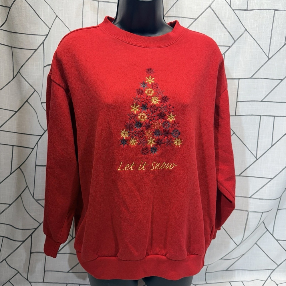 Basic Editions Sweatshirt Womens Large Red Christmas Embroidered Fleece Vintage